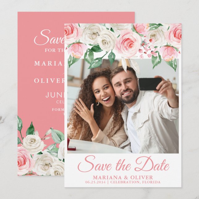 Photo Save the Date Card Peach Floral (Front/Back)