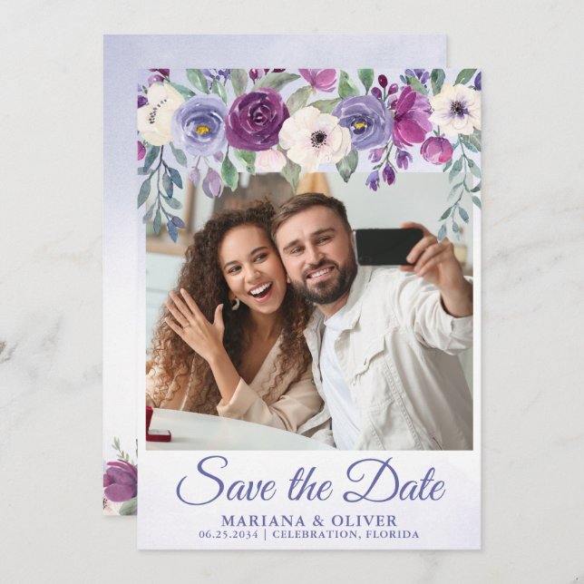 Photo Save the Date Card Periwinkle Fuchsia Floral (Front/Back)