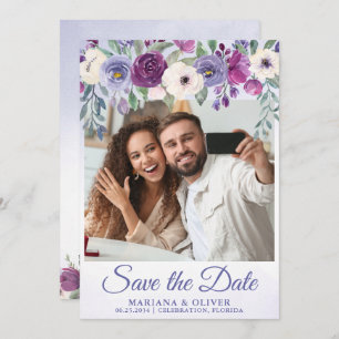 Photo Save the Date Card Periwinkle Fuchsia Floral