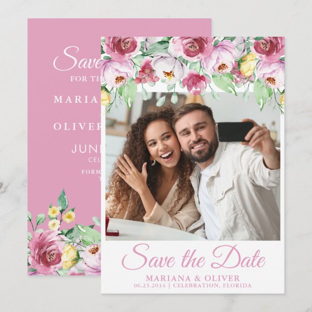 Photo Save the Date Card Pink Flowers (Front/Back)
