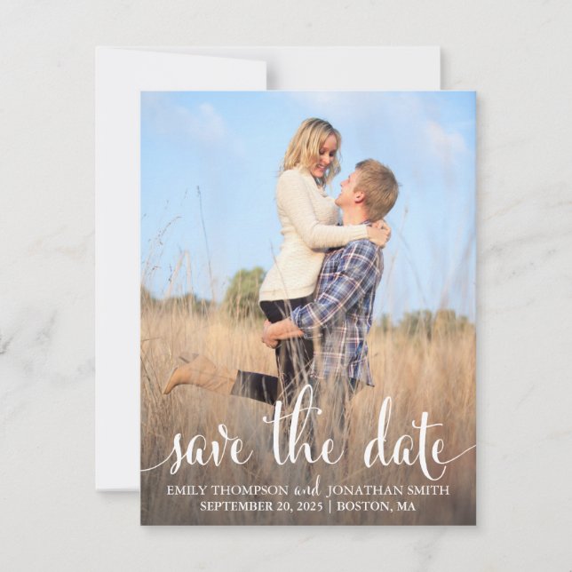 Photo Save the Date Cards, White Rustic Script (Front)