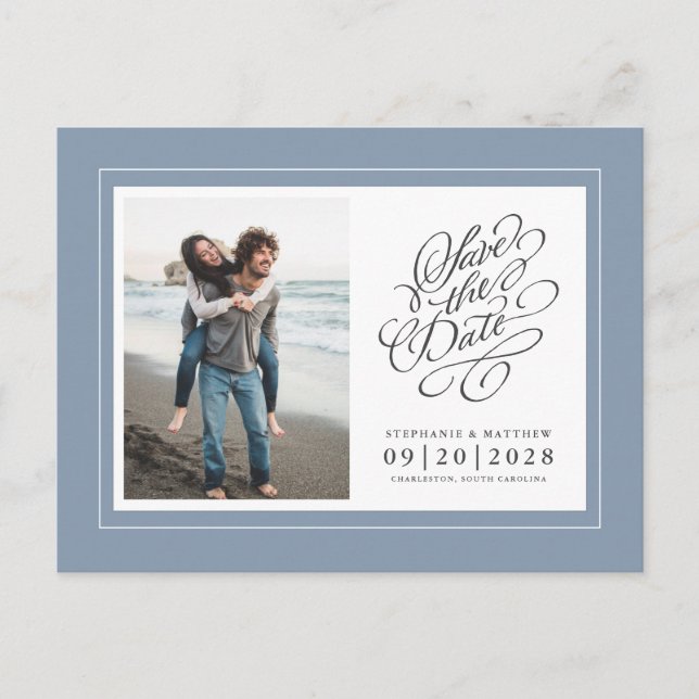 Photo Save The Date Dusty Blue Elegant Wedding Announcement Postcard (Front)