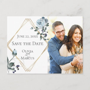 Photo Save the Date Dusty Blue Watercolor Floral Postcard