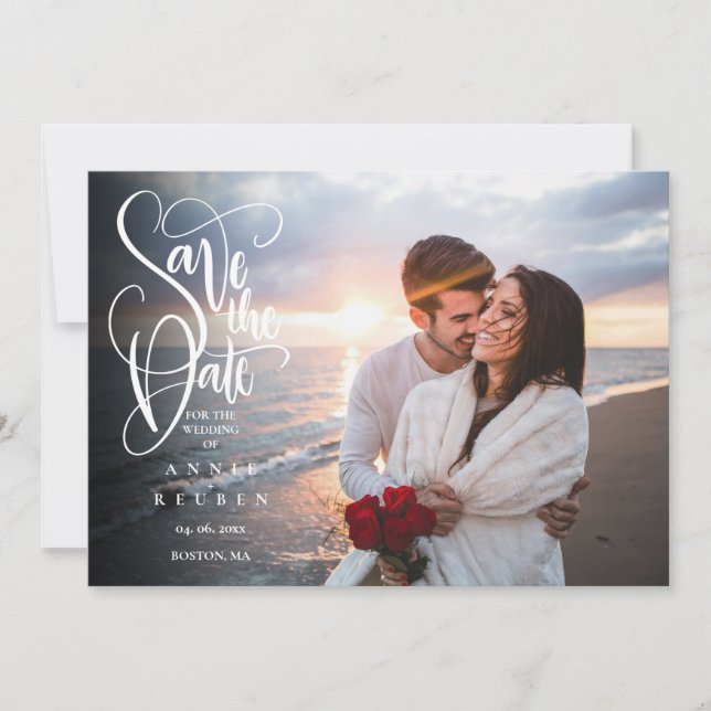 Photo Save the Date Elegant White Script Modern Invitation (Front)