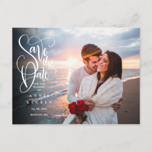 Photo Save the Date Elegant White Script Modern Postcard