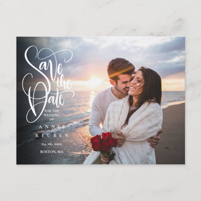 Photo Save the Date Elegant White Script Modern Postcard (Front)