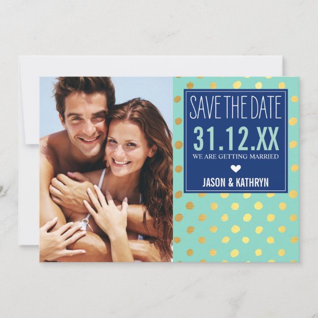 PHOTO SAVE THE DATE gold foil polka dot navy mint Invitation (Front)