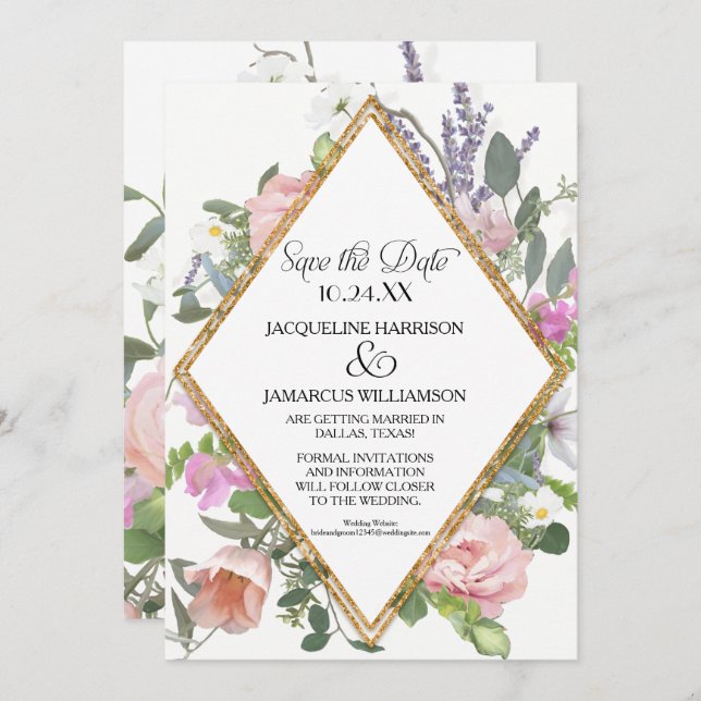 Photo Save the Date Gold Glitter Romantic Floral Invitation (Front/Back)