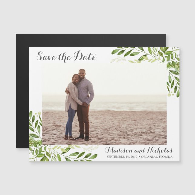 Photo Save the Date Magnets Rustic Green Leaf (Front/Back)