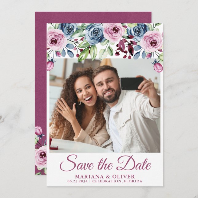 Photo Save the Date Navy Blue Burgundy Floral Invitation (Front/Back)