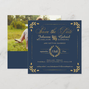 Photo Save the Date, Navy Gold Laurel Leaf Date