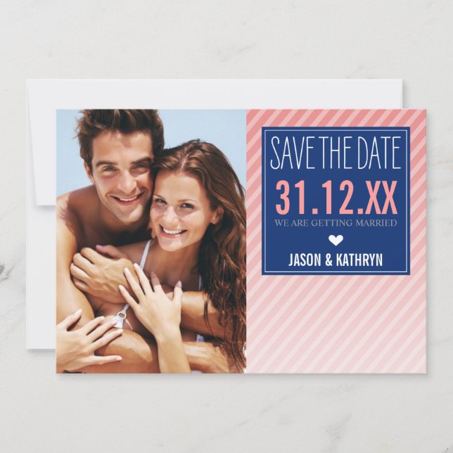 PHOTO SAVE THE DATE ombre angled stripe navy coral (Front)