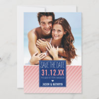PHOTO SAVE THE DATE ombre angled stripe navy coral