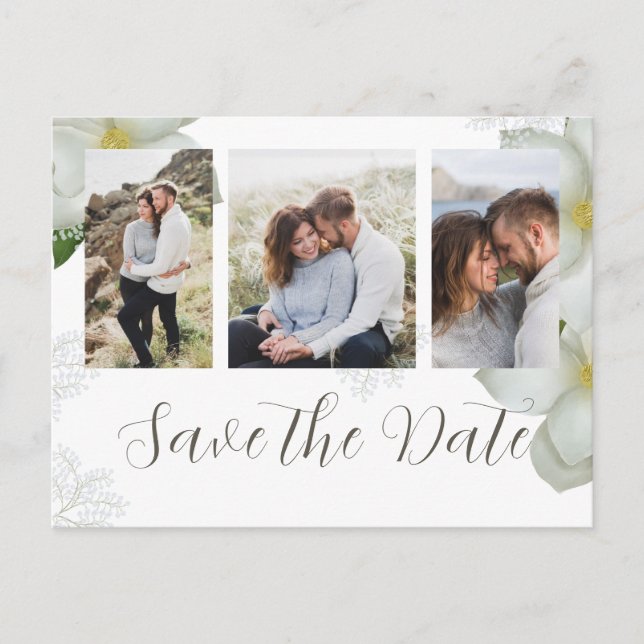 Photo Save the Date QR Code White Floral Magnolia Postcard (Front)