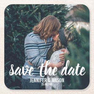 Photo Save The Date Script Handwriting Square Paper Coaster