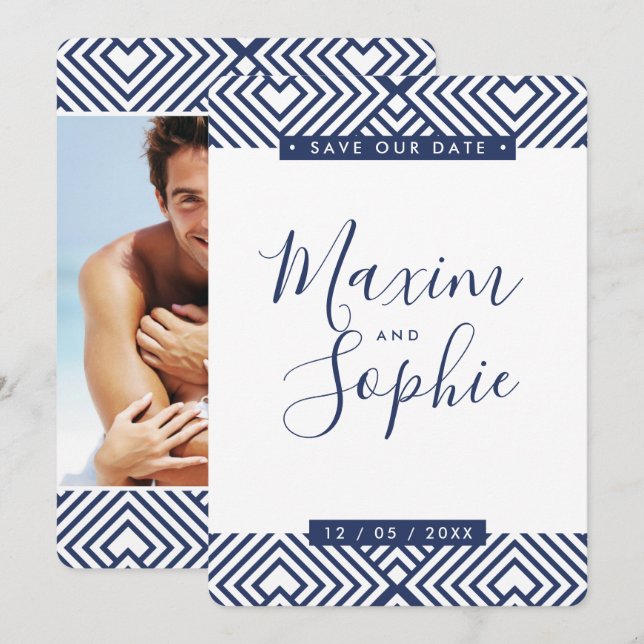 PHOTO SAVE THE DATE simple GEO modern wedding navy Invitation (Front/Back)
