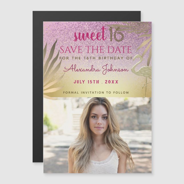 Photo Save The Date Sweet 16 Pink Gold Magnetic Invitation (Front/Back)