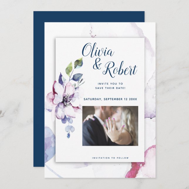 Photo Save the Date Watercolor Apple Blossoms Invitation (Front/Back)