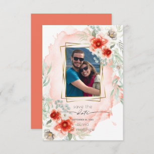 Photo Save the Date Watercolor Bold Coral Flowers Invitation