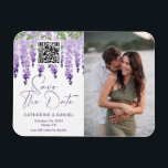 Photo Save The Date Watercolor Wisteria Wedding Magnet<br><div class="desc">Photo Save The Date Watercolor Wisteria Wedding Save The Date Magnets features elegant watercolor wisteria flowers in soft lilac, lavender and purple with greenery on a white background with your Save The Date information below including a custom QR code. Personalise by editing the text in the text boxes provided and...</div>