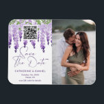 Photo Save The Date Watercolor Wisteria Wedding Magnet<br><div class="desc">Photo Save The Date Watercolor Wisteria Wedding Save The Date Magnets features elegant watercolor wisteria flowers in soft lilac, lavender and purple with greenery on a white background with your Save The Date information below including a custom QR code. Personalise by editing the text in the text boxes provided and...</div>