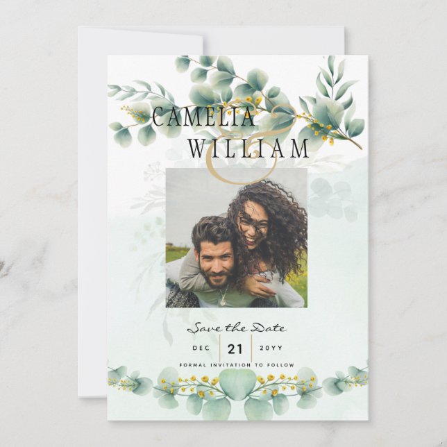 Photo Save the Dates Eucaluptus Gold Modern Invitation (Front)