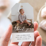 Photo Script Boy Thank You Gift Tags<br><div class="desc">A modern Birthday thank you tag,  featuring your own photo along with 'thank You' in a script font along with your own message underneath. Perfect for adding to favour bags to thank guests for coming to celebrate your little one's Birthday!</div>