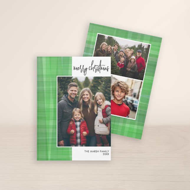 Photo script Merry Christmas Modern Off Centre Holiday Card (3 Photo Christmas Card with Plaid Watercolor Pattern - Print and Download Option)
