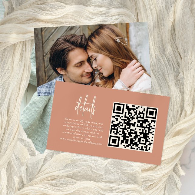Photo Script Terracotta QR Code Wedding Details Enclosure Card (Front and back view)