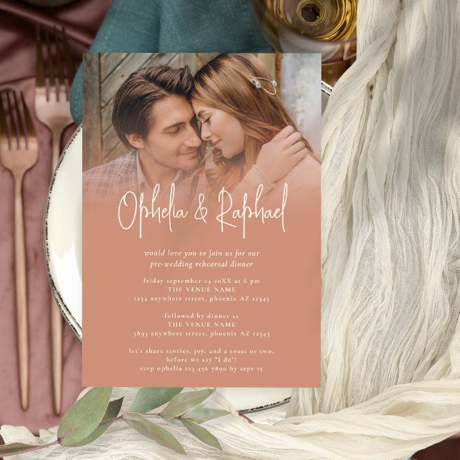 Photo Script Terracotta Wedding Rehearsal Dinner Invitation (Creator Uploaded)