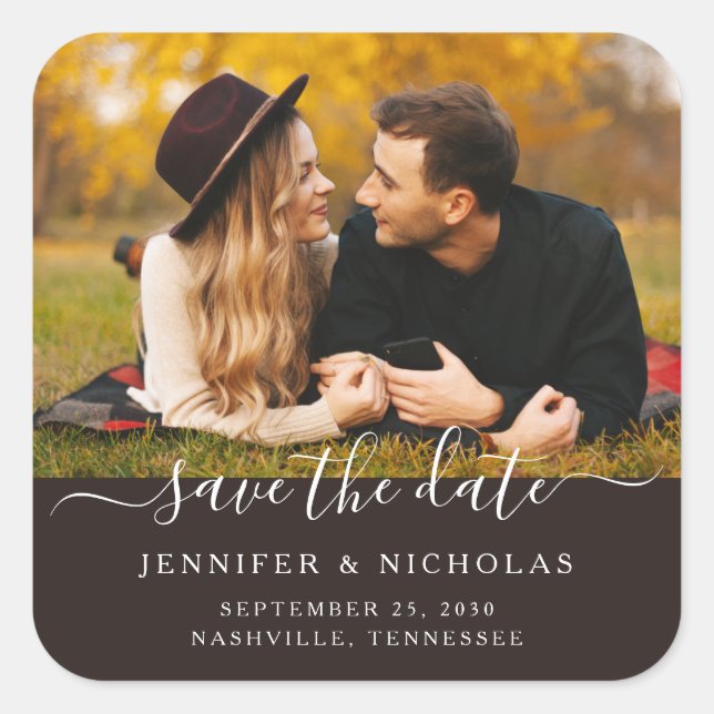 Photo Script Wedding Save The Date Square Sticker (Front)