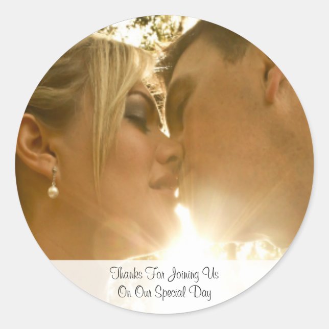 Photo  Script Wedding Thank You Classic Round Sticker (Front)