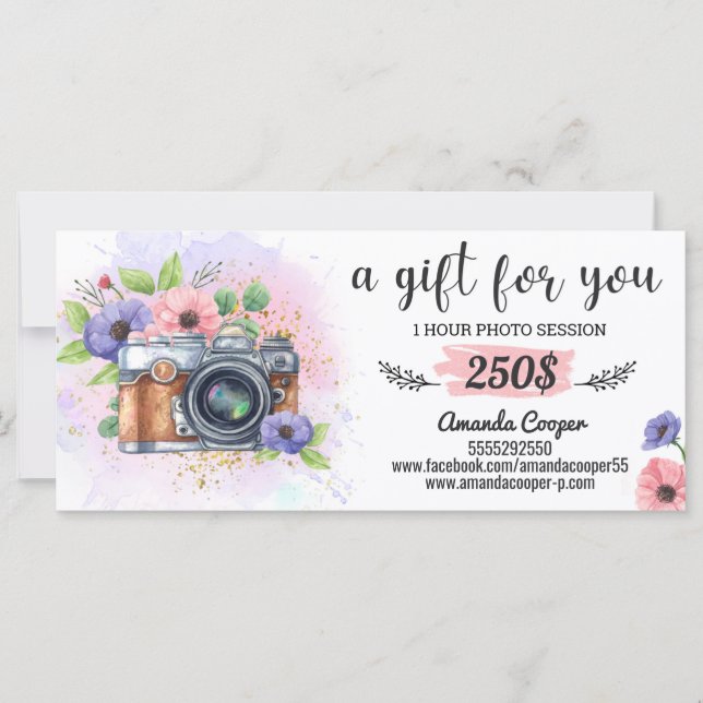 Photo session gift card Photography Gift Certific (Front)