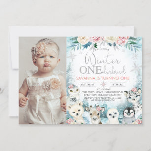 Photo Silver Animlas Winter Onederland Birthday Invitation
