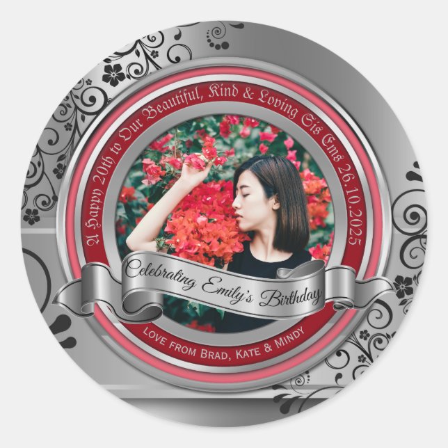 Photo Silver Black Flourish Elegant Banner Red Classic Round Sticker (Front)