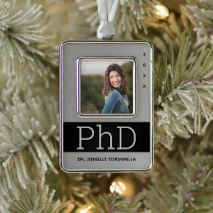 Photo Silver Black Name PhD Graduation Plated Framed Ornament