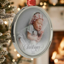 Photo Silver Christmas Script  Ornament