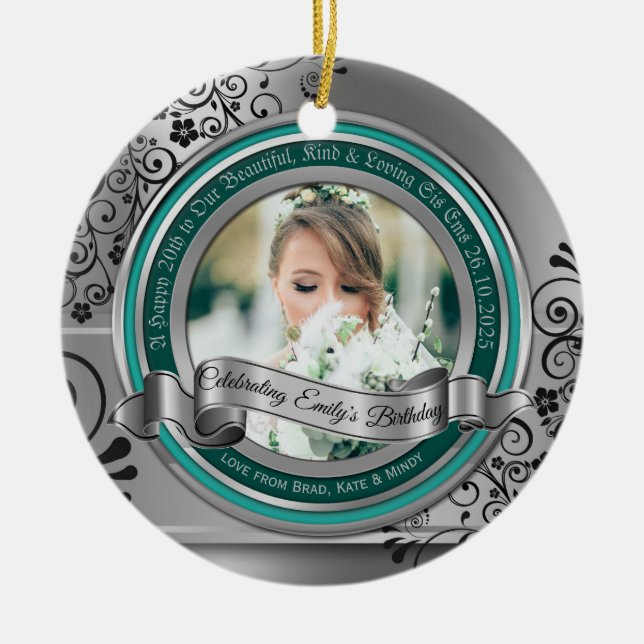 Photo Silver Flourish Elegant Banner Turquoise Ceramic Tree Decoration (Front)