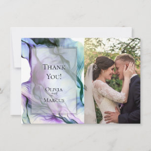 Photo Silver Frame Abstract Plum Teal Flowing Ink Thank You Card