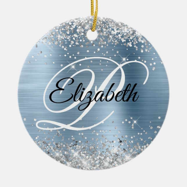 Photo Silver Glitter Light Blue Foil Monogram Ceramic Tree Decoration (Front)