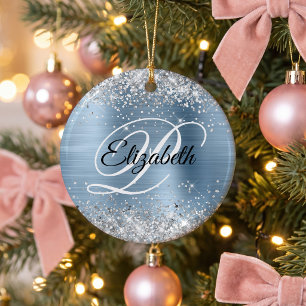 Photo Silver Glitter Light Blue Foil Monogram Ceramic Tree Decoration