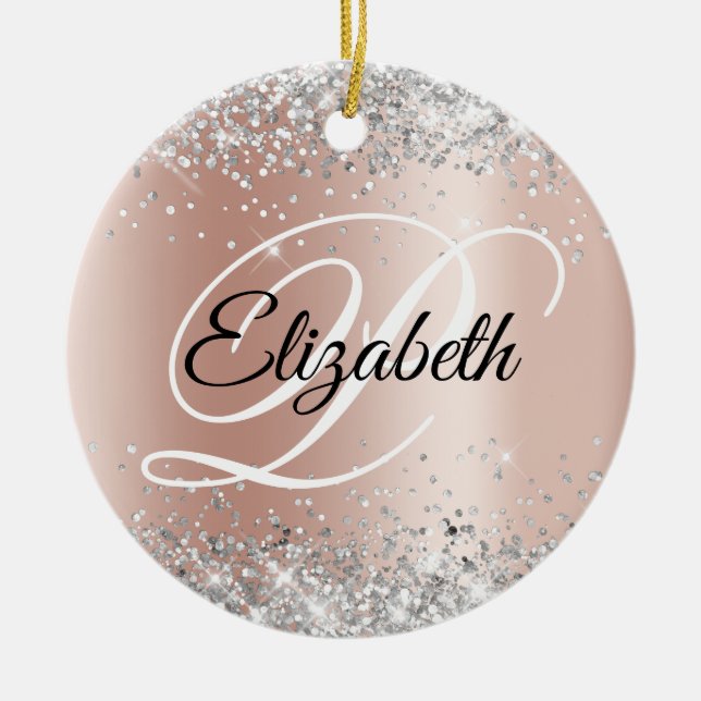 Photo Silver Glitter Rose Gold Shimmer Monogram Ceramic Tree Decoration (Front)