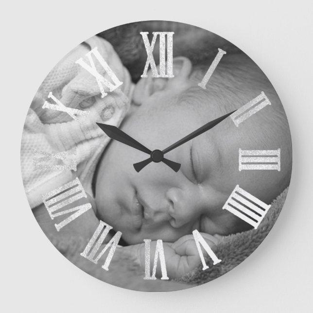 Photo Silver Grey New Baby Shower Gift Girl Boy Large Clock (Front)