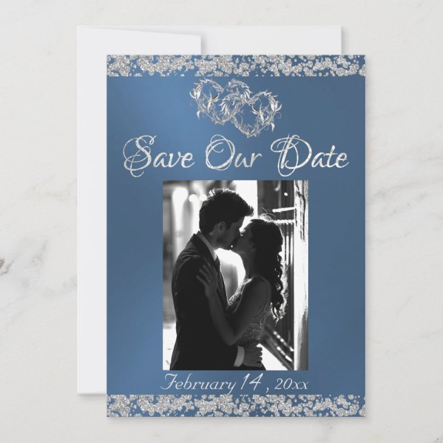 Photo, Silver Hearts & Glitter - Blue Save The Date (Front)
