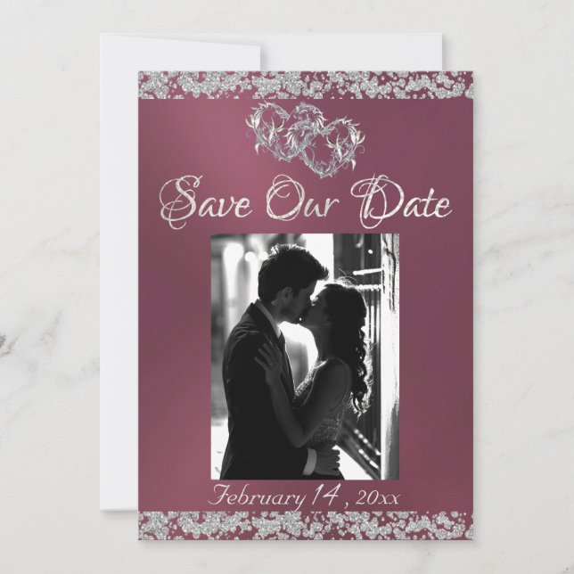 Photo, Silver Hearts & Glitter - Lavender Save The Date (Front)