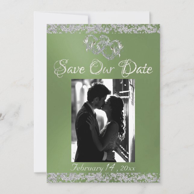 Photo, Silver Hearts & Glitter - Sage Save The Date (Front)
