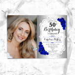 Photo Silver White Royal Blue 50th Birthday Invitation<br><div class="desc">Elegant floral feminine 50th birthday invitation with your photo. Glam design with faux silver. Features royal blue roses,  script font and confetti. Perfect for a stylish adult bday celebration party. Personalise with your own details. Can be customised for any age! Printed Zazzle invitations or instant download digital printable template.</div>