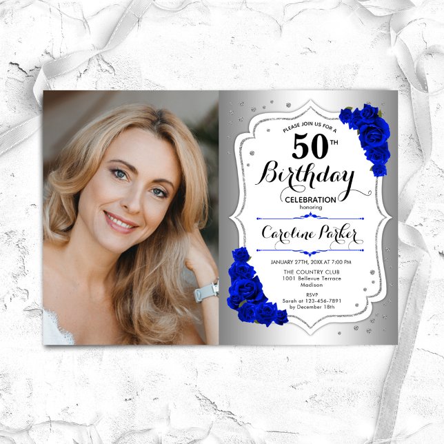 Photo Silver White Royal Blue 50th Birthday Invitation (Creator Uploaded)