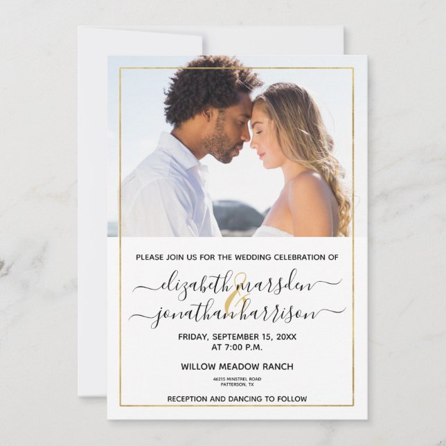 Photo Simple Elegant Script Black and Gold Wedding Invitation (Front)