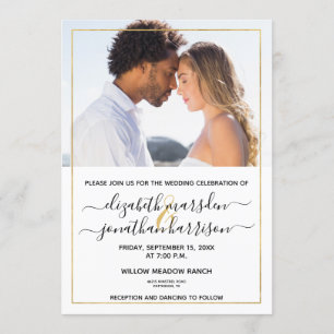 Photo Simple Elegant Script Black and Gold Wedding Invitation